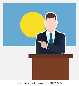 Man in suit standing at rostrum Front of Palau Country Flag Pointing to the flag. business man Presentation conference concept. Modern flat design vector background illustration. 
