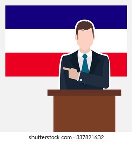 Man in suit standing at rostrum Front of Los Altos Country Flag Pointing to the flag. business man Presentation conference concept. Modern flat design vector background illustration. 
