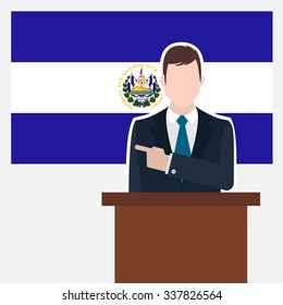 Man in suit standing at rostrum Front of El Salvador Country Flag Pointing to the flag. business man Presentation conference concept. Modern flat design vector background illustration.