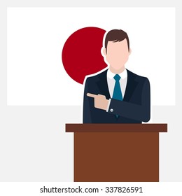 Man in suit standing at rostrum Front of Japan Country Flag Pointing to the flag. business man Presentation conference concept. Modern flat design vector background illustration.