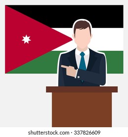 Man in suit standing at rostrum Front of Jordan Country Flag Pointing to the flag. business man Presentation conference concept. Modern flat design vector background illustration.