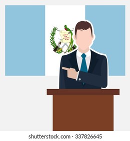 Man in suit standing at rostrum Front of Guatemala Country Flag Pointing to the flag. business man Presentation conference concept. Modern flat design vector background illustration.