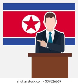 Man in suit standing at rostrum Front of Korea North Country Flag Pointing to the flag. business man Presentation conference concept. Modern flat design vector background illustration.