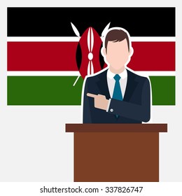 Man in suit standing at rostrum Front of Kenya Country Flag Pointing to the flag. business man Presentation conference concept. Modern flat design vector background illustration.