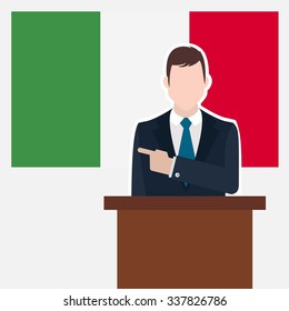 Man in suit standing at rostrum Front of Italy Country Flag Pointing to the flag. business man Presentation conference concept. Modern flat design vector background illustration.