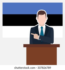 Man in suit standing at rostrum Front of  Country Estonia Flag Pointing to the flag. business man Presentation conference concept. Modern flat design vector background illustration.
