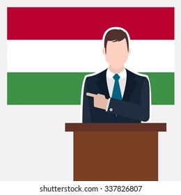 Man in suit standing at rostrum Front of Hungary Country Flag Pointing to the flag. business man Presentation conference concept. Modern flat design vector background illustration.