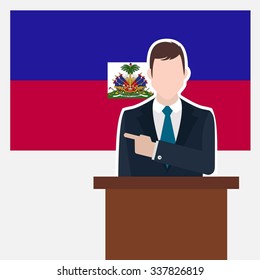 Man in suit standing at rostrum Front of Haiti Country Flag Pointing to the flag. business man Presentation conference concept. Modern flat design vector background illustration.
