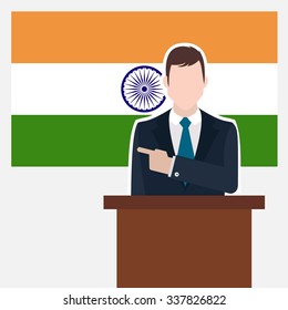 Man in suit standing at rostrum Front of India Country Flag Pointing to the flag. business man Presentation conference concept. Modern flat design vector background illustration.