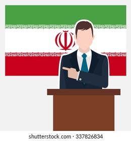 Man in suit standing at rostrum Front of Iran Country Flag Pointing to the flag. business man Presentation conference concept. Modern flat design vector background illustration.