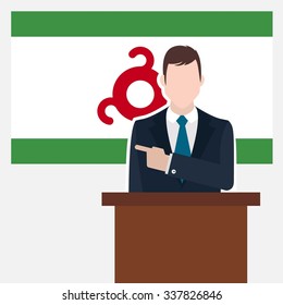 Man in suit standing at rostrum Front of Ingushetia Country Flag Pointing to the flag. business man Presentation conference concept. Modern flat design vector background illustration.