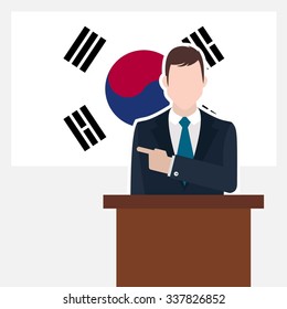 Man in suit standing at rostrum Front of South Korea Country Flag Pointing to the flag. business man Presentation conference concept. Modern flat design vector background illustration.