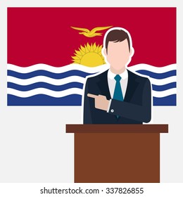Man in suit standing at rostrum Front of Kiribati Country Flag Pointing to the flag. business man Presentation conference concept. Modern flat design vector background illustration.