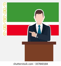 Man in suit standing at rostrum Front of Chechen Republic Country Flag Pointing to the flag. business man Presentation conference concept. Modern flat design vector background illustration. 
