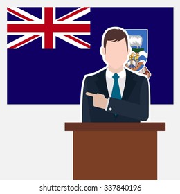 Man in suit standing at rostrum Front of Falkland Islands Country Flag Pointing to the flag. business man Presentation conference concept. Modern flat design vector background illustration. 