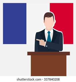 Man in suit standing at rostrum Front of France Country Flag Pointing to the flag. business man Presentation conference concept. Modern flat design vector background illustration. 