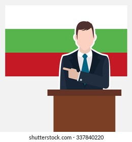 Man in suit standing at rostrum Front of Bulgaria Country Flag Pointing to the flag. business man Presentation conference concept. Modern flat design vector background illustration. 