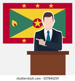 Man in suit standing at rostrum Front of Grenada Country Flag Pointing to the flag. business man Presentation conference concept. Modern flat design vector background illustration. 