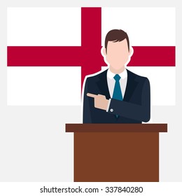 Man in suit standing at rostrum Front of England Country Flag Pointing to the flag. business man Presentation conference concept. Modern flat design vector background illustration. 