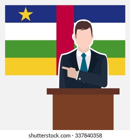 Man in suit standing at rostrum Front of Central African Republic Country Flag Pointing to the flag. business man Presentation conference concept. Modern flat design vector background illustration. 