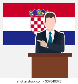Man in suit standing at rostrum Front of Croatia Country Flag Pointing to the flag. business man Presentation conference concept. Modern flat design vector background illustration. 