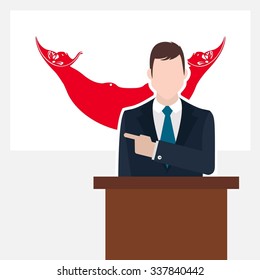 Man in suit standing at rostrum Front of Easter Island Rapa Nui Country Flag Pointing to the flag. business man Presentation conference concept. Modern flat design vector background illustration. 