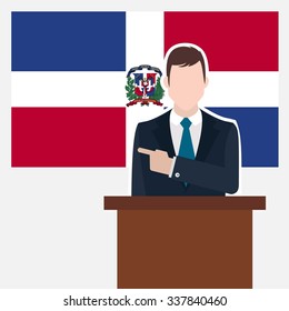 Man in suit standing at rostrum Front of Dominican Republic Country Flag Pointing to the flag. business man Presentation conference concept. Modern flat design vector background illustration. 