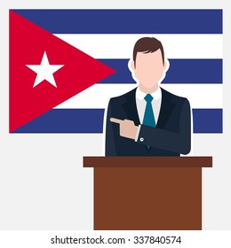 Man in suit standing at rostrum Front of Cuba Country Flag Pointing to the flag. business man Presentation conference concept. Modern flat design vector background illustration. 