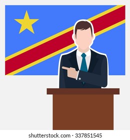 Man in suit standing at rostrum Front of Democratic Republic of Congo Country Flag Pointing to the flag.business man Presentation conference concept.Modern flat design vector background illustration