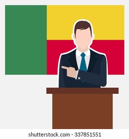 Man in suit standing at rostrum Front of Benin Country Flag Pointing to the flag. business man Presentation conference concept. Modern flat design vector background illustration.