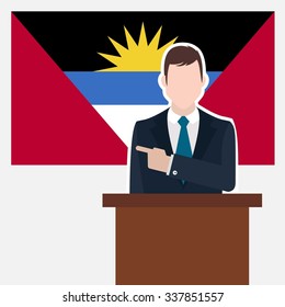 Man in suit standing at rostrum Front of Antigua and Barbuda Country Flag Pointing to the flag. business man Presentation conference concept. Modern flat design vector background illustration.