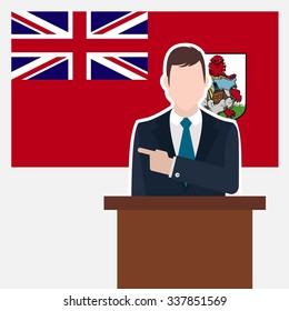 Man in suit standing at rostrum Front of Bermuda Country Flag Pointing to the flag. business man Presentation conference concept. Modern flat design vector background illustration.