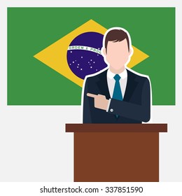 Man in suit standing at rostrum Front of Brazil Country Flag Pointing to the flag. business man Presentation conference concept. Modern flat design vector background illustration.