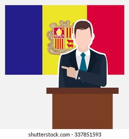 Man in suit standing at rostrum Front of Andorra Country Flag Pointing to the flag. business man Presentation conference concept. Modern flat design vector background illustration.
