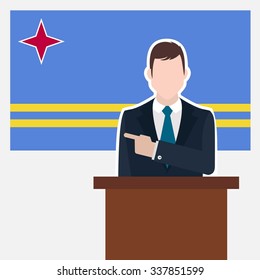 Man in suit standing at rostrum Front of Aruba Country Flag Pointing to the flag. business man Presentation conference concept. Modern flat design vector background illustration.