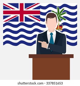 Man in suit standing at rostrum Front of British Indian Ocean Territory Country Flag Pointing to the flag.business man Presentation conference concept.Modern flat design vector background illustration