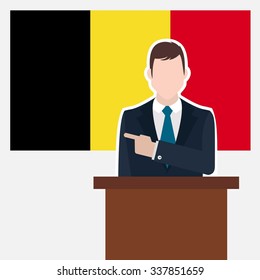 Man in suit standing at rostrum Front of Belgium Country Flag Pointing to the flag. business man Presentation conference concept. Modern flat design vector background illustration.