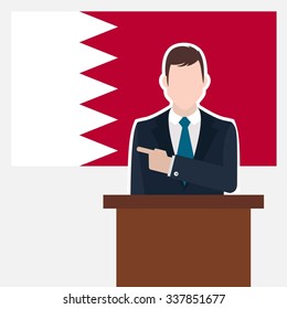 Man in suit standing at rostrum Front of Bahrain Country Flag Pointing to the flag. business man Presentation conference concept. Modern flat design vector background illustration.