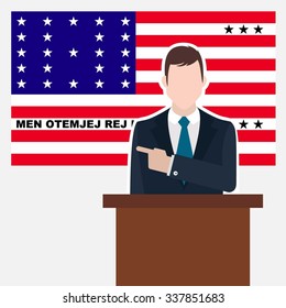 Man in suit standing at rostrum Front of Bikini Atoll Country Flag Pointing to the flag. business man Presentation conference concept. Modern flat design vector background illustration.