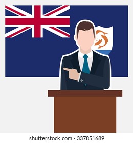 Man in suit standing at rostrum Front of Anguilla Country Flag Pointing to the flag. business man Presentation conference concept. Modern flat design vector background illustration.