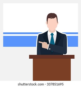 Man in suit standing at rostrum Front of Altai Republic Country Flag Pointing to the flag. business man Presentation conference concept. Modern flat design vector background illustration.