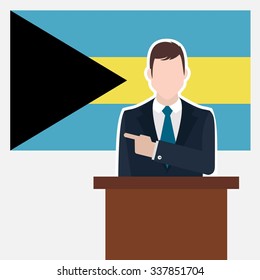 Man in suit standing at rostrum Front of Bahamas Country Flag Pointing to the flag. business man Presentation conference concept. Modern flat design vector background illustration.