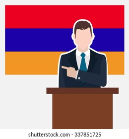 Man in suit standing at rostrum Front of Armenia Country Flag Pointing to the flag. business man Presentation conference concept. Modern flat design vector background illustration.