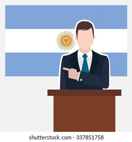 Man in suit standing at rostrum Front of Argentina Country Flag Pointing to the flag. business man Presentation conference concept. Modern flat design vector background illustration.