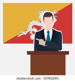 Man in suit standing at rostrum Front of Bhutan Country Flag Pointing to the flag. business man Presentation conference concept. Modern flat design vector background illustration.