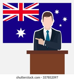 Man in suit standing at rostrum Front of Australia Country Flag Pointing to the flag. business man Presentation conference concept. Modern flat design vector background illustration.