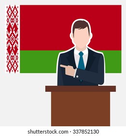 Man in suit standing at rostrum Front of Belarus Country Flag Pointing to the flag. business man Presentation conference concept. Modern flat design vector background illustration.