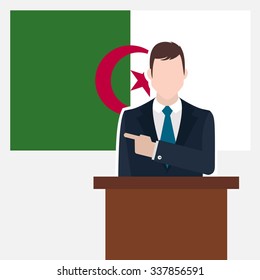 Man in suit standing at rostrum Front of Alegeria Country Flag Pointing to the flag. business man Presentation conference concept. Modern flat design vector background illustration.