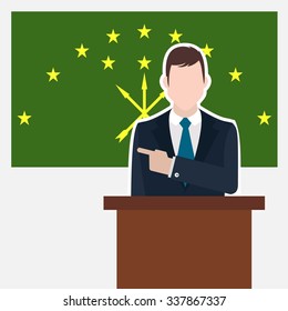 Man in suit standing at rostrum Front of Adygea Flag Pointing to the flag. business man Presentation conference concept. Modern flat design vector background illustration.