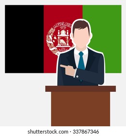 Man in suit standing at rostrum Front of Afghanistan Country Flag Pointing to the flag. business man Presentation conference concept. Modern flat design vector background illustration.
